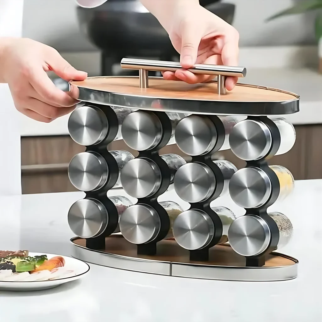 Organizador de especias con 12 frascos de vidrio y base de madera